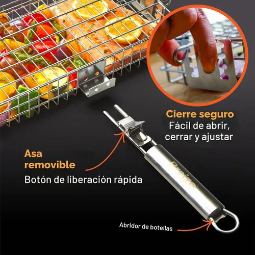 Vista 3 de Cesta de parrilla ajustable con mango extraíble – 4 niveles de altura para verduras, carne, pescado y más – Cesta de barbacoa con tapa de bloqueo