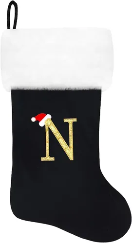 Vista 68 de Calcetines de Navidad bordados de 20 pulgadas con monograma, terciopelo negro con puño de felpa blanca supersuave, adornos clásicos para decoración