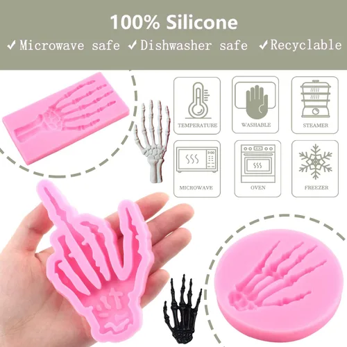 Vista 4 de Zixiang Moldes de silicona para Halloween, manos de esqueleto, para decoración de pasteles, pasta de goma de chocolate, arcilla polimérica