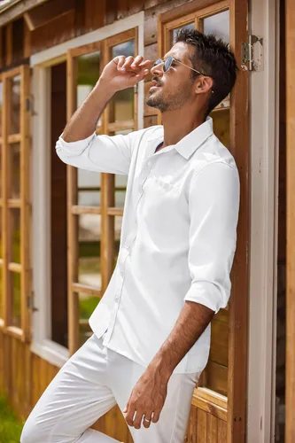 Vista 42 de COOFANDY Camisa Oxford de manga larga con botones para hombre, camisas de vestir de ajuste regular