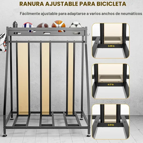 Vista 3 de Soporte de 3 bicicletas estable para bicicletas, garaje con cestas de almacenamiento para interiores, estante de almacenamiento de bicicletas