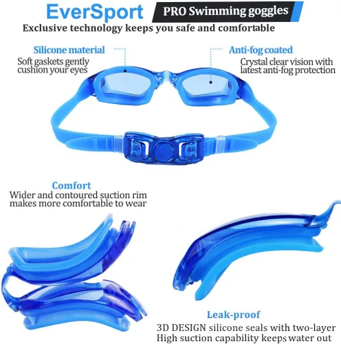 Vista 5 de EverSport Paquete de 2 gafas de natación antivaho para adultos, hombres, mujeres, jóvenes y niños