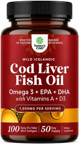 Vista 12 de Aceite de hígado de bacalao salvaje de Islandia en cápsulas blandas - Omega 3 de pescado, EPA, DHA, Vitamina D y A, 1000mg por porción - Cápsulas