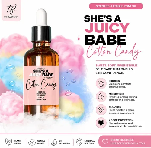 Vista 3 de Aceite de algodón de azúcar Yoni para mujer – Aceite íntimo femenino para equilibrio de pH, cabello encarnado e hidratación – Dulce perfumado