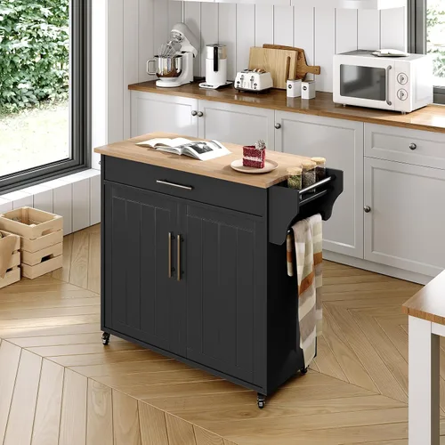 Vista 8 de Carrito de isla de cocina con almacenamiento, madera, negro