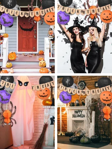 Vista 5 de Mudra Crafts Faroles de papel colgantes de araña, murciélago y calabaza, faroles de papel para interiores y exteriores, decoraciones de Halloween
