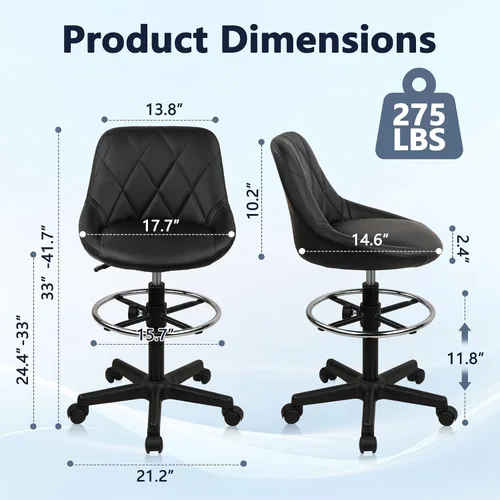 Vista 3 de KLASIKA Silla de dibujo con respaldo, taburete giratorio de cuero sintético ajustable en altura con anillo para el pie, silla de oficina ergonómica