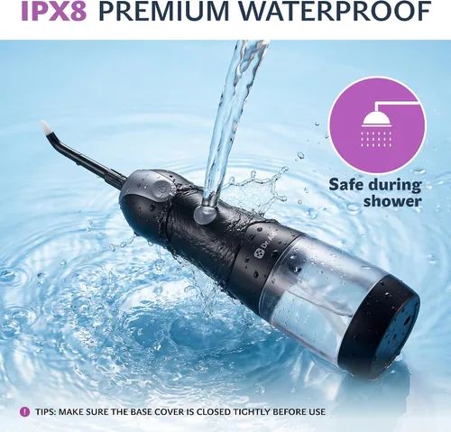 Vista 3 de Dr. Aid Irrigador de agua portátil – Irrigador oral dental para viajes con tanque de 11 onzas, filtro, 5 puntas, cargador magnético – IPX8 Negro