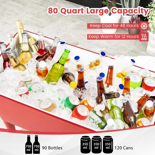 Vista 5 de HAPPYGRILL 80 Quart Rolling Cooler Cart with Lockable Wheels, Outdoor Beer Beverage Cooling Ice Chest with Bottle Opener & Cap Catcher, for Party