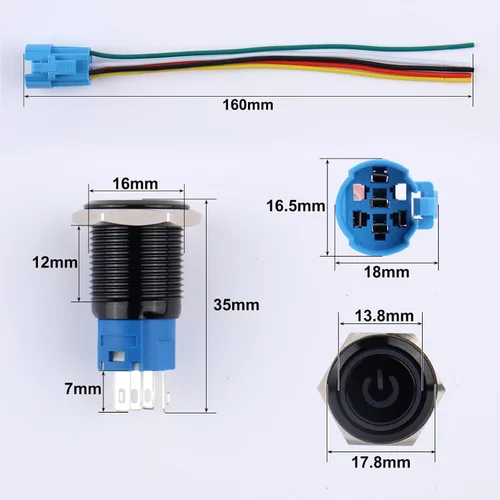Vista 2 de 2 piezas interruptor de botón pulsador con pestillo de 16mm, 12V-24V, encendido/apagado, 1NO 1NC, impermeable IP66, carcasa de metal negro