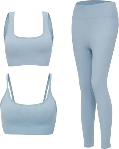 Vista 2 de Conjuntos de entrenamiento para mujer, 3 piezas, sin costuras, acanalados, sin mangas, cintura alta, pantalones cortos de yoga