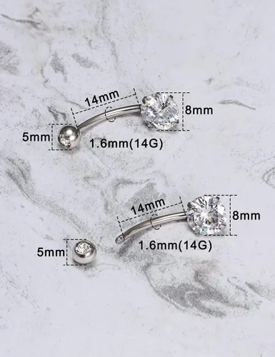 Vista 3 de Heienngy Piercing para ombligo de 0.236 in, 0.315 in, 0.394 in, 0.472 in, 0.551 in, acero inoxidable quirúrgico, redondo, circonita cúbica, piercing