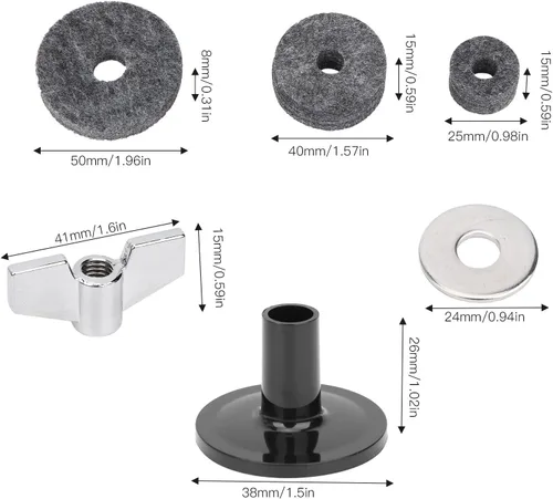 Vista 7 de Almohadilla de fieltro para tambor, 23 piezas, kit de platillos con tuercas de ala, arandelas, fundas de llave, accesorios de repuesto