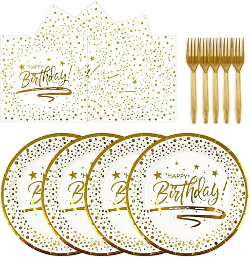 Vista 9 de 72 PIEZAS Platos y Servilletas de Feliz Cumpleaños Suministros para Fiestas, Platos y Servilletas de Papel con Puntos Negros y Dorados con Tenedores