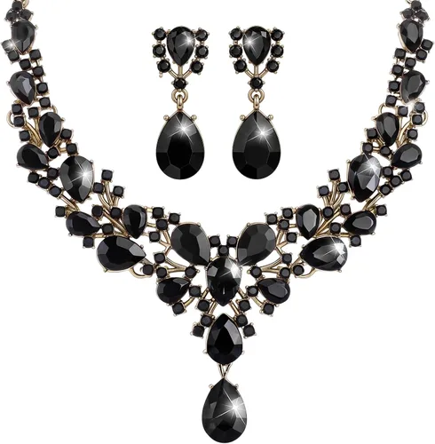 Vista 22 de Hicarer Conjunto de joyas de cristal en forma de lágrima nupcial para mujer, collar, aretes, boda Negro