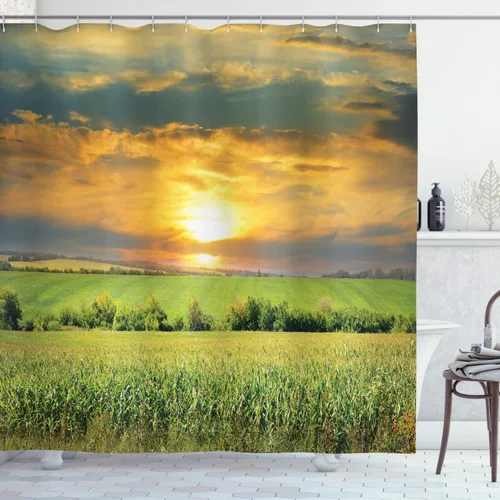 Vista 43 de Ambesonne Decor Collection, juego de cortina con ganchos para regadera Amarillo y marrón