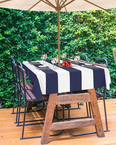 Vista 3 de Mantel rectangular para exteriores de 52 x 70 pulgadas, color azul marino y blanco, a rayas con agujero para paraguas, mantel con cremallera