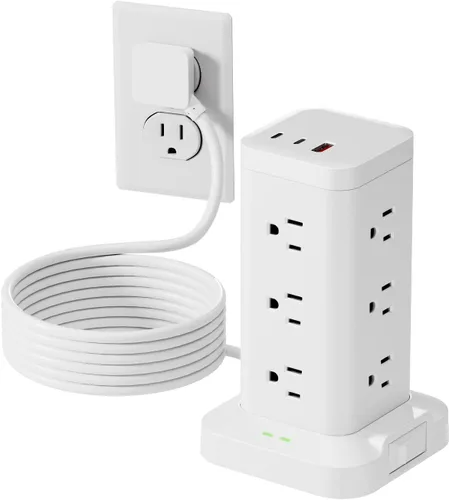 Vista 17 de Torre de regleta de alimentación con protector de sobretensiones de 1800J, torre de carga rápida PD20W puertos USB-C con 12 salidas de CA, cable