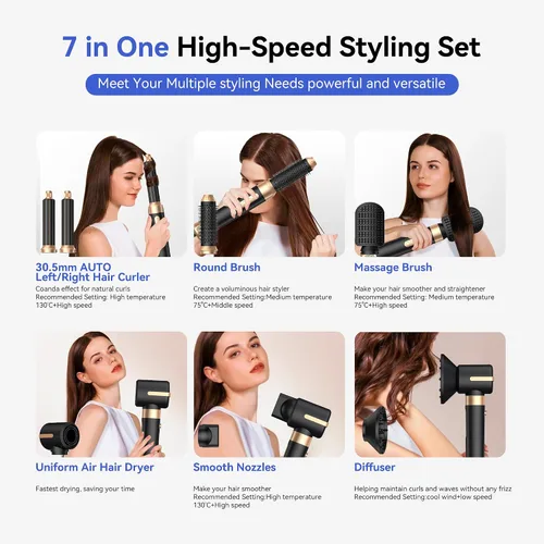 Vista 6 de Cepillo Secador de Cabello 7 en Uno, Set de Cabello de Iones Negativos Mejorado Moldeador de Aire Caliente Rizador Envolvente, Plancha Rizadora