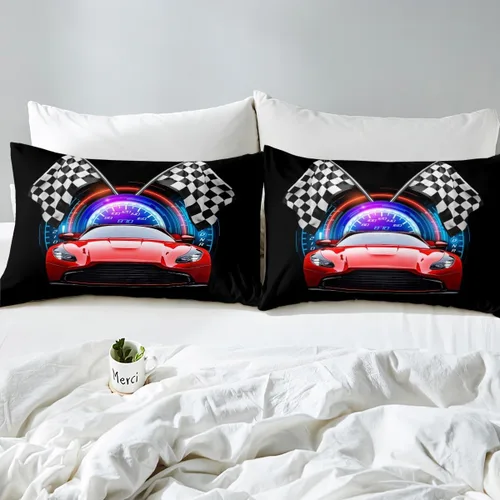 Vista 5 de Erosebridal Red Race Car - Juego de sábanas para niños y adolescentes, tamaño individual, juego de 3 piezas, sábana bajera + sábana encimera + 1