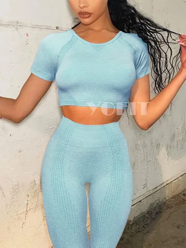 Vista 2 de YOFIT - Conjunto deportivo de 2 piezas leggings de yoga de cintura alta sin costuras y crop top con manga larga para mujer, juego de ropa
