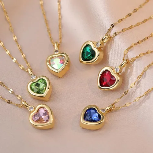 Vista 6 de Collar de corazón verde con dije de corazón de cristal y piedra natal, collares delicados con dije de oro para mujer, joyería de moda chapada en oro