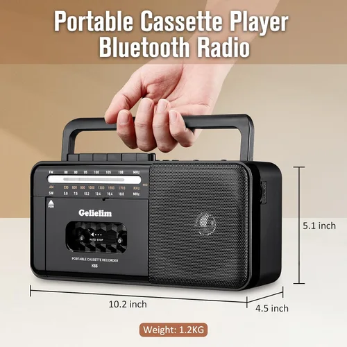 Vista 7 de Gelielim Reproductor de cinta de casete Bluetooth Boombox, reproductor de cassette radio estéreo AM/FM/SW, reproductor de cinta/grabadora