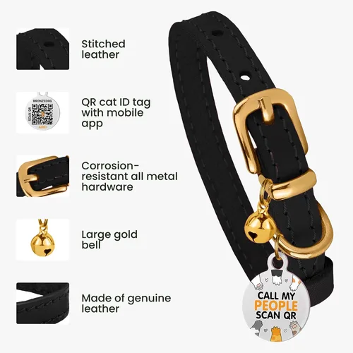 Vista 2 de BRONZEDOG Collar de cuero para gato con campanas extraíbles sin liberación rápida, etiqueta QR para gatito para niña y niño