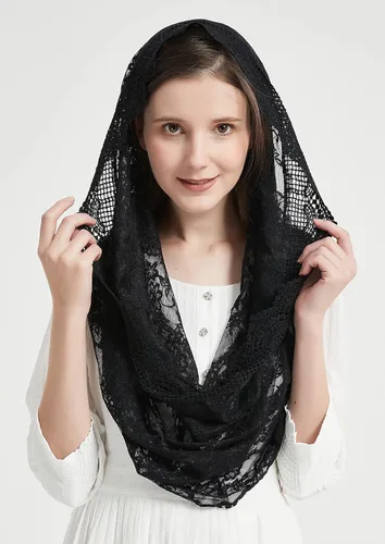 Vista 3 de Encaje Capilla Velo Mantilla Infinity Veil Multicolor Bordado Cherry Blossom Style Latin Mass M7