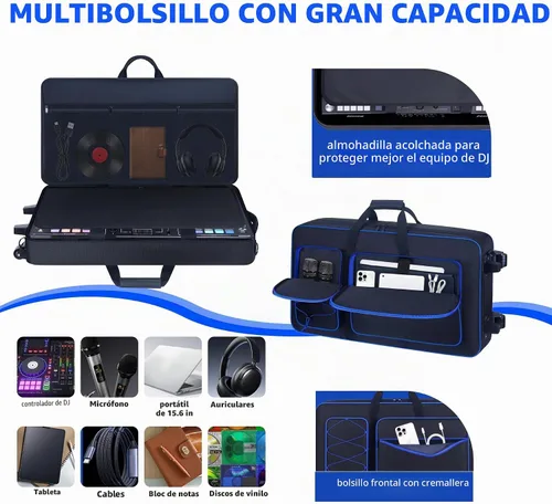 Vista 4 de Funda para controlador de DJ con ruedas compatible con DDJ-FLX10/1000/1000SRT/ DDJ-GRV6/REV5/REV7, mochila acolchada para DJ con correa de hombro