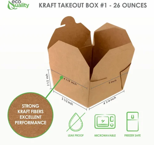Vista 2 de Recipientes de comida para llevar de 26 onzas, cajas de papel kraft marrón para llevar, aptas para microondas, resistentes a fugas y grasa