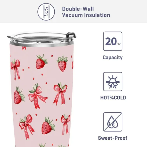 Vista 4 de ALAZA Vaso de viaje aislado con diseño de lunares y fresa con tapa y pajita, botella de agua al vacío de doble pared para automóvil, acero