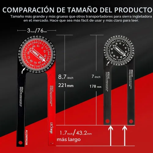 Vista 2 de Litorange Transportador de sierra ingletadora de aluminio Plus Buscador de ángulo de 8.7 pulgadas con escalas grabadas con láser de precisión