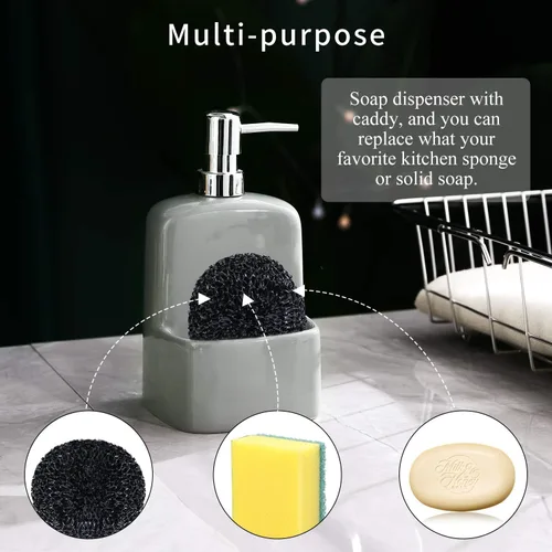 Vista 3 de Dispensador de jabón para platos, dispensador de jabón de cocina con soporte de esponja, dispensador de jabón de cerámica mate de 20 onzas para Gris