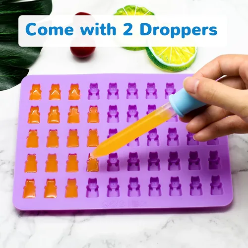 Vista 3 de WARM TIME Gummy Bear - Moldes de silicona para caramelos, mini moldes de goma con 2 goteros, moldes de silicona antiadherentes de grado alimenticio