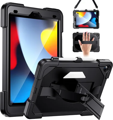 Vista 10 de Funda para iPad de 9ª generación de 10.2 pulgadas, grado militar, a prueba de caídas IP68, impermeable, con protector de pantalla, soporte y correa