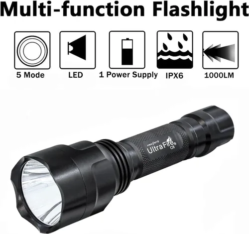Vista 2 de ULTRAFIRE Linterna LED C8 de 1000 lúmenes altos, mini linterna de mano de 5 modos, impermeable IPX6, con cargador y UFB18, para emergencias