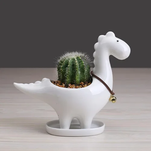 Vista 4 de Cabilock Maceta de cerámica de dinosaurio con bandeja de drenaje, adorable maceta para suculentas para decoración de escritorio de jardín