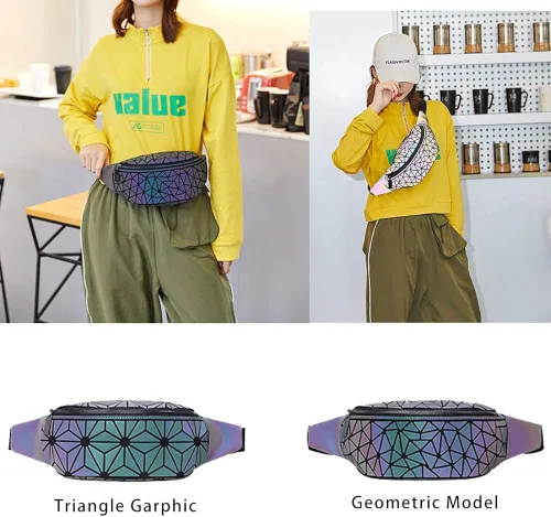 Vista 8 de Riñoneras para mujeres y hombres, bolsa holográfica luminosa para el pecho, paquete de cintura geométrica para viajes, festivales, correr, deportes