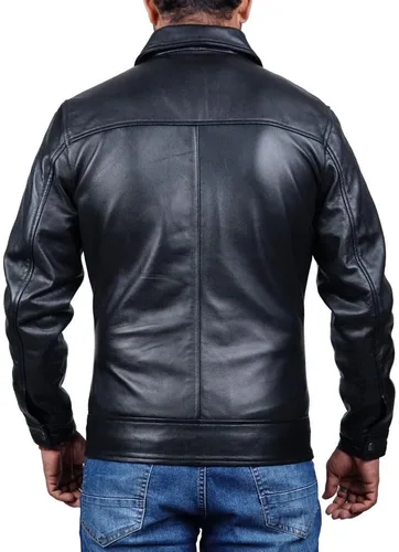 Vista 4 de Chaqueta de cuero premium con cuello de polo para hombre, estilo clásico de la vieja escuela, uso diario, piel de cordero para hombre