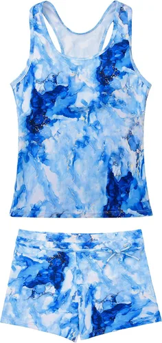 Vista 12 de JerrisApparel Traje de baño de dos piezas para niñas de verano con boyshort, diseño de tankini estrella de mar aqua