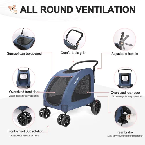 Vista 2 de Cochecito de viaje grande para perros con 4 ruedas resistentes, con mango ajustable, doble capacidad para perros con puerta delantera trasera