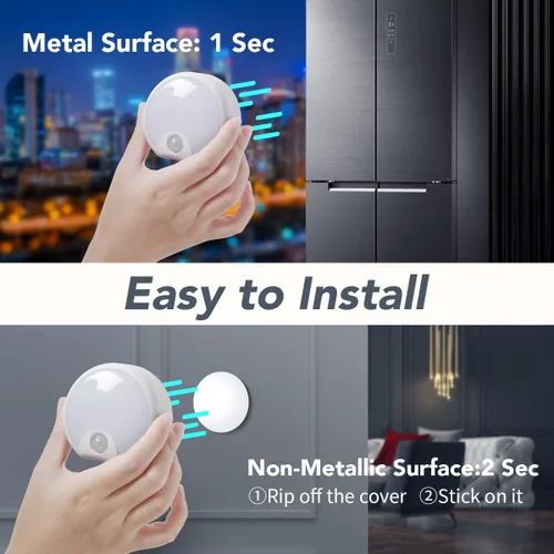 Vista 4 de Luz nocturna LED con sensor de movimiento para interiores, funciona con pilas, luces inalámbricas para inodoro, escaleras, armario, luz adhesiva