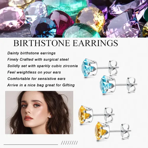 Vista 3 de Jstyle Aretes hipoalergénicos para mujeres y hombres, aretes de acero inoxidable quirúrgico con piedra natal, aretes coloridos de circonita cúbica