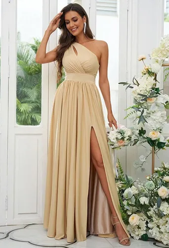 Vista 8 de VCCICANY Vestido de dama de honor de un hombro para mujer con abertura largo plisado de gasa vestido de baile