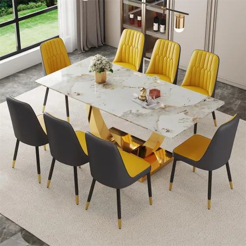 Vista 24 de Juego de mesa de comedor para 4, mesa de comedor de mármol sintético de 63 pulgadas con patas y base de acero inoxidable, sillas acolchadas