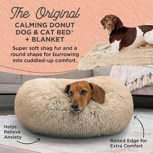 Vista 2 de Best Friends by Sheri The Original Calming Shag Donut Cuddler - Juego de cama para perros y gatos + manta para mascotas, color gris pardo, tamaño S