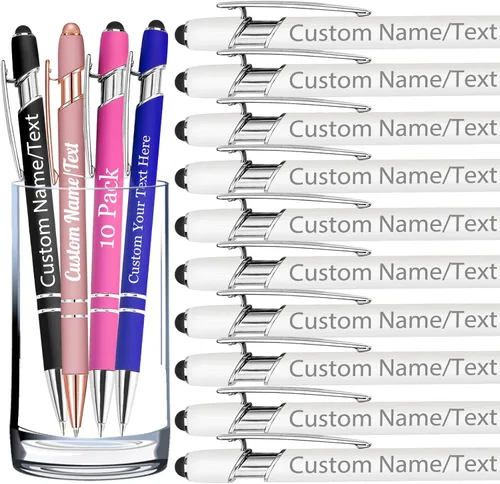 Vista 27 de Bolígrafos personalizados con nombre, paquete de 10 bolígrafos personalizados a granel, bolígrafo de tinta negra grabada con punta de lápiz óptico