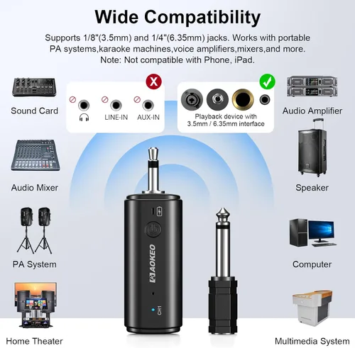 Vista 5 de Aokeo Auriculares de micrófono inalámbrico, sistema de micrófono inalámbrico UHF, rango de 160 pies