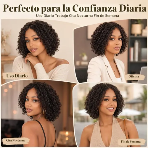 Vista 6 de Peluca de cabello humano rizado profundo de 12 pulgadas para NATURAL-RIZADO
